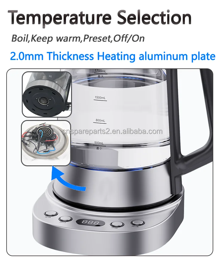 Keep Warm 1.7l+1.0 Capacity Automatic Glass&Stainless Steel Kettle One touch Shut-off Electric Water Boiler Tea Kettles