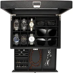 Carbon fiber Double Layers Gift Watch box organizer Drawer Watch Storage box for Watches Jewellery