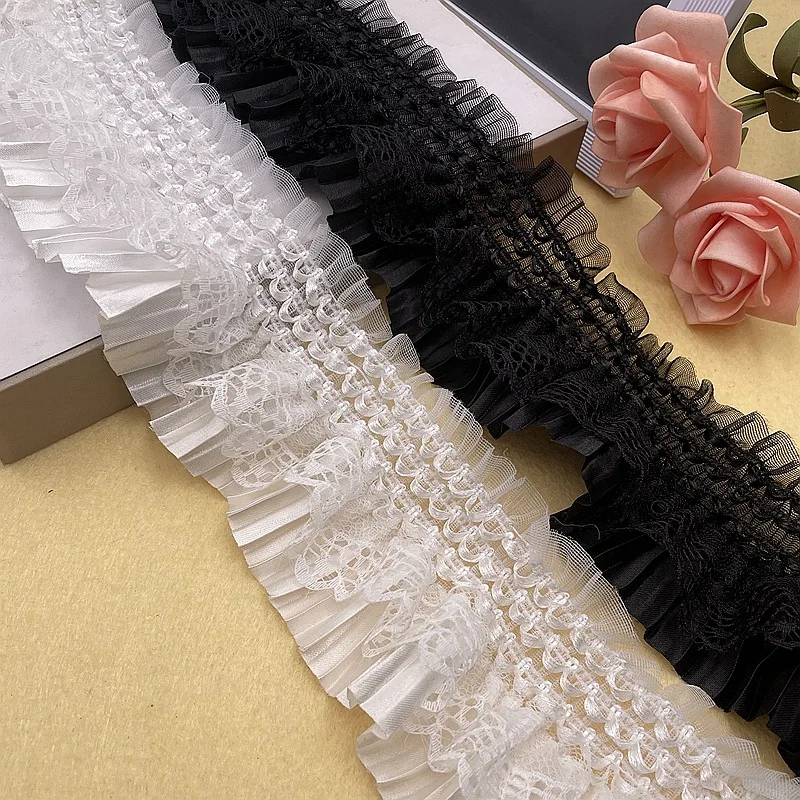 Stock 7.5CM wide color elastic folding lace skirt cuff lace trim black