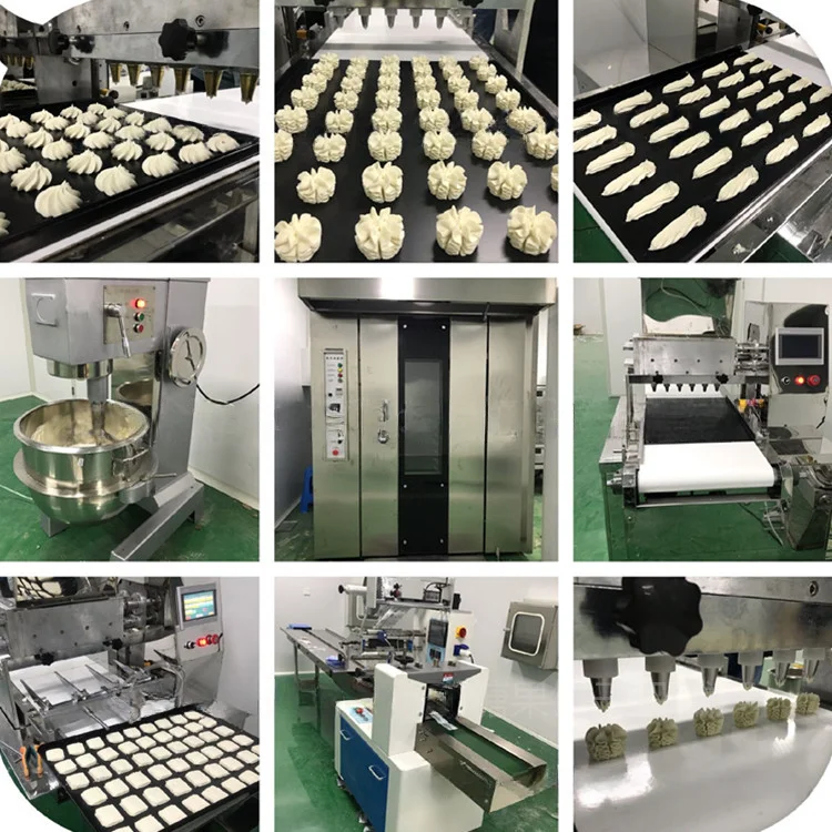 Cookies Biscuits Production Line Puff Macarons Sandwich Pastry Depositor Cheese Stick Machine Bakery Dough Mixer Rotary Oven