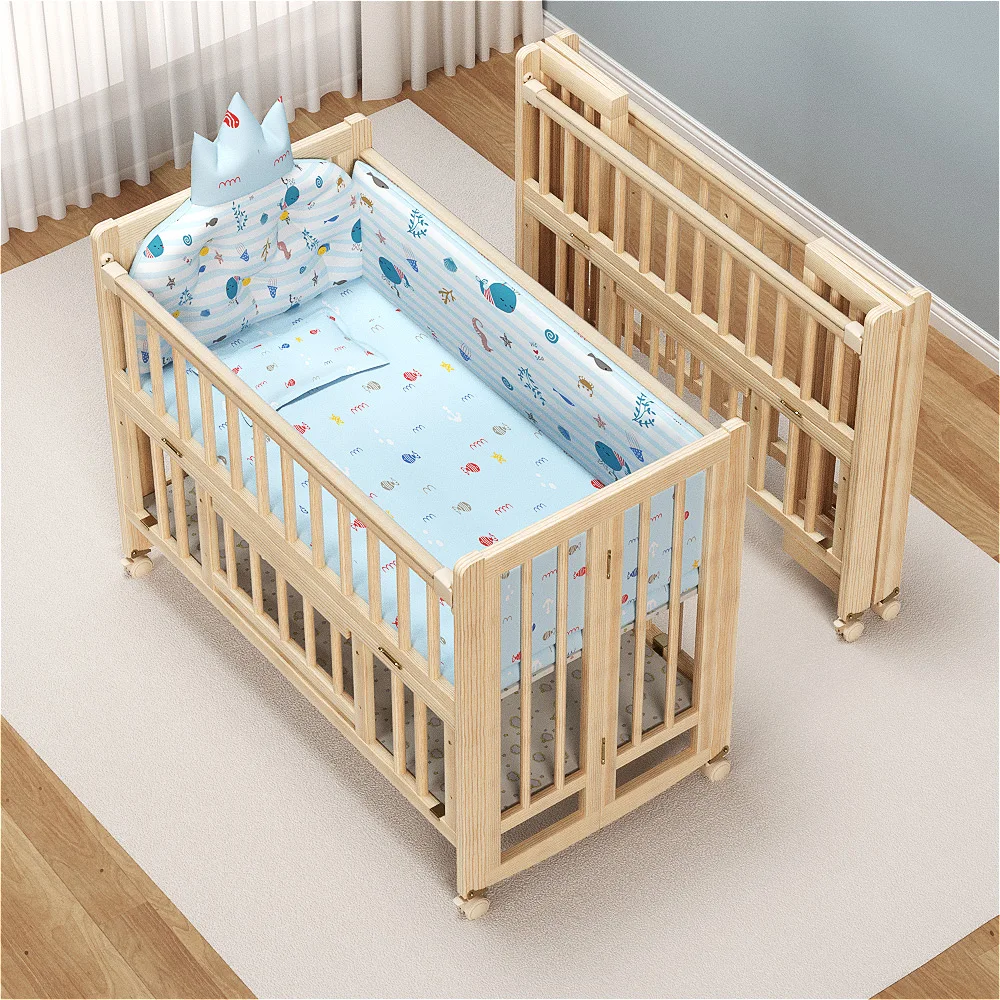 Unpainted Lightweight Foldable Wooden Toddler Children Beds Baby Swing Bed Cot Crib with Wheels For 0-6 Years Old