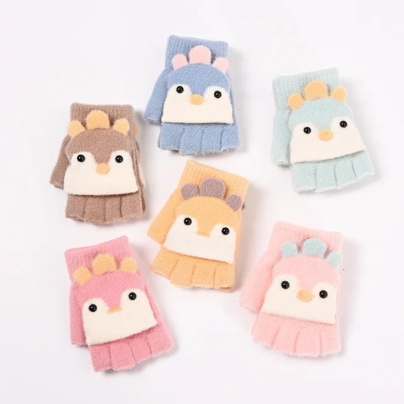 Wholesale Cute Kids Flip Top Gloves with Mitten Cover Knitted Winter Fingerless Convertible Mittens for 2-6 Boy Girls Toddler