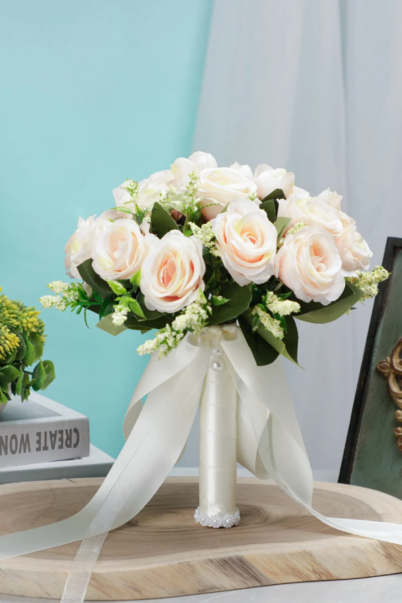 Artificial Holding Flowers White Champagne Bridesmaid Flower Wedding Bouquet With Ribbon