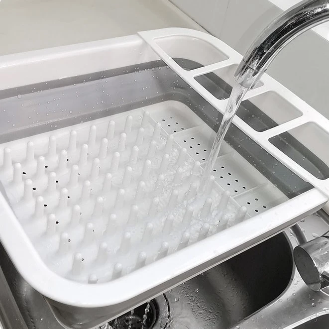 OEM Cooking Folding vegetable washing Drying Rack Basket Collapsible Plastic Foldable Dish Drainer silicone double dish drainer