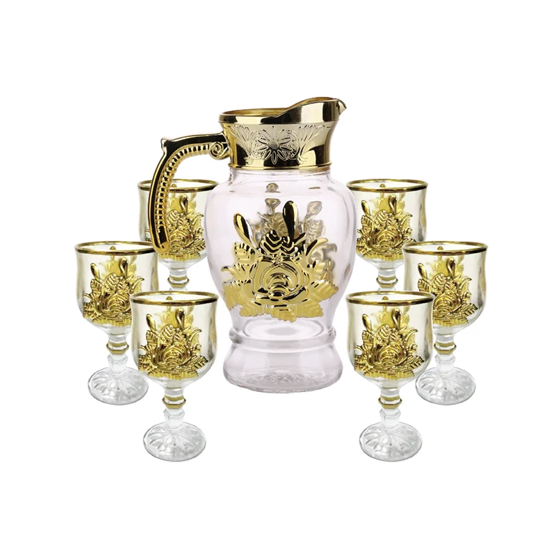 hot selling gift item 7pcs golden glass Jug set with colored pitcher set of 6pcs