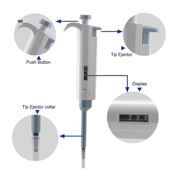 Medical laboratory single channel adjustable 5-5000ul micropette fully autoclavable pipettor