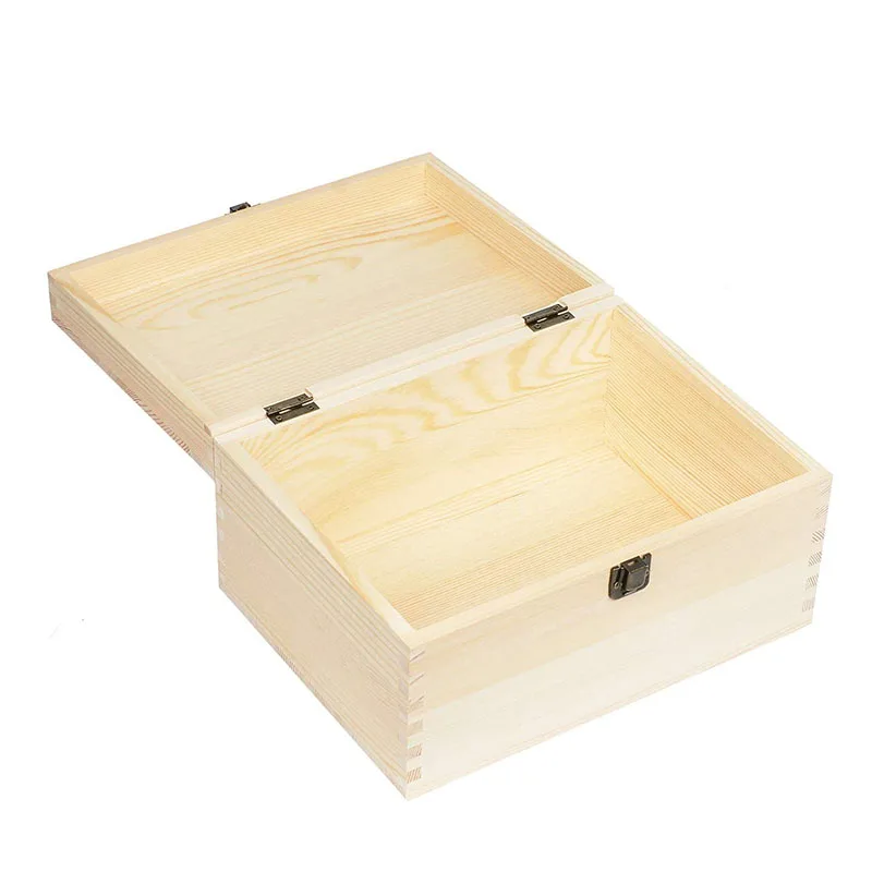 Large Rectangle Unfinished Pine Wood Box Natural DIY Craft Stash Boxes with Hinged Lid and Front Clasp