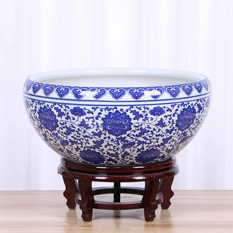 Фарфоровый горшок Jingdezhen синий белый керамический для цветов украшение гостиной с изображением лотоса травы зеленой свинины