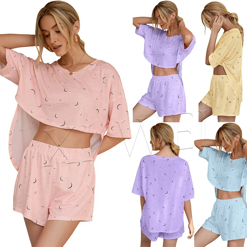 
wholesale Women and girl new print crop top t-shirts and shorts set for home wear two piece set 
