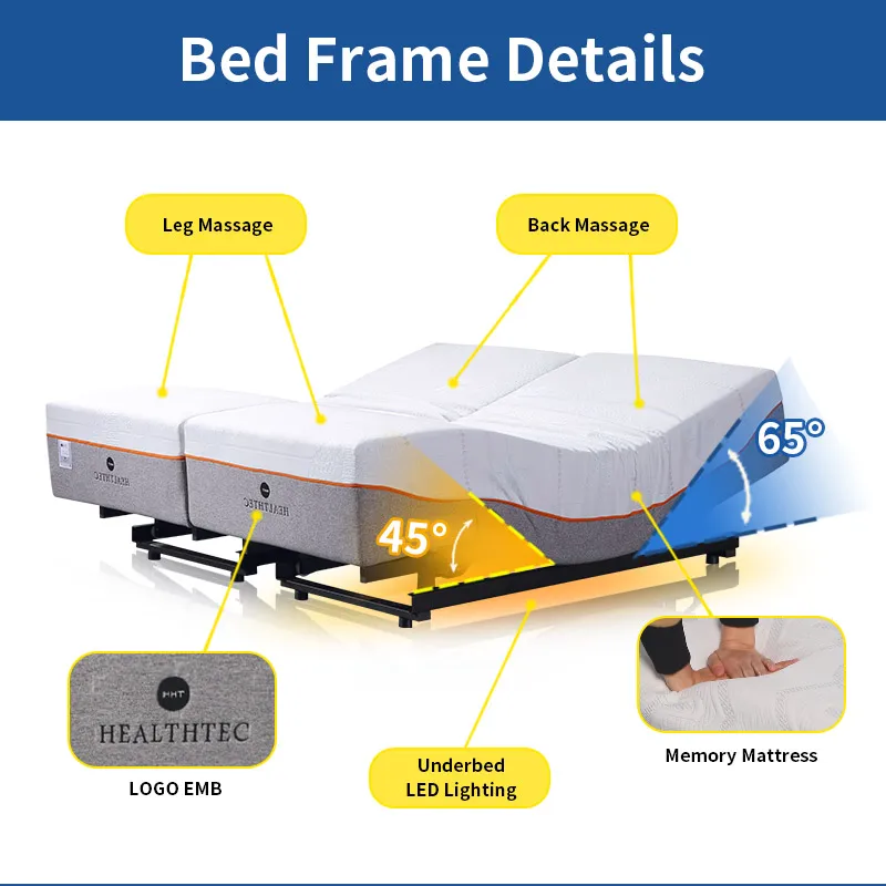 Superior Foldable Split King Bed Adjustable Bed Frame with Head Tilt, Massage, Zero Gravity, Dual USB Charger