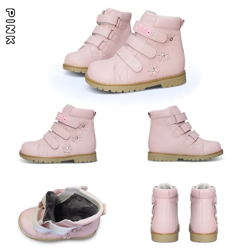 Ukraine Russian market kid girls pink flower decoration leather boots orthopedic shoes guangzhou manufacturer wholesale price