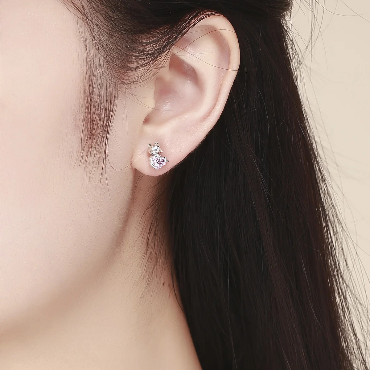Factory 925 Sterling Silver Cat Pussy Pink Cubic Zircon Small Stud Earrings for Women Fashion Silver Jewelry Gift SCE453