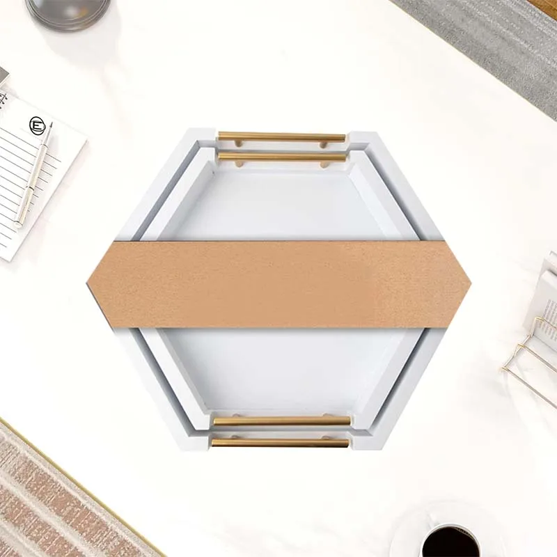 Wooden white tray with gold handle, wooden hexagonal nested tray suitable for food decoration, coffee table