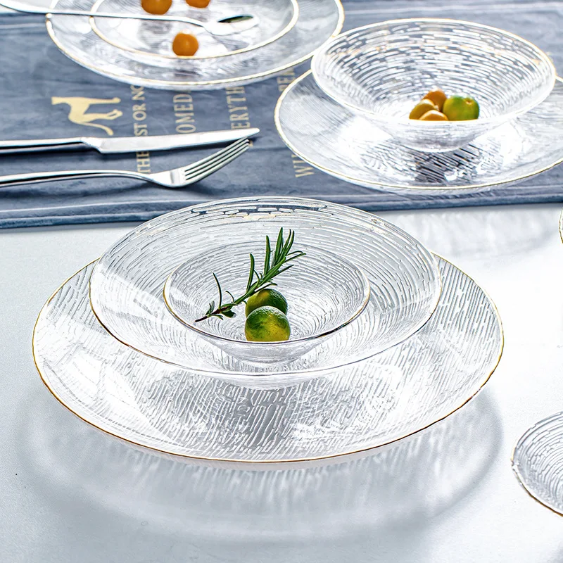 Premium Glass Dinnerware Sets Woven Glass Chargers with Gold Rim Quartz Glass Bowls and Plates for Upgrade Your Table Setting