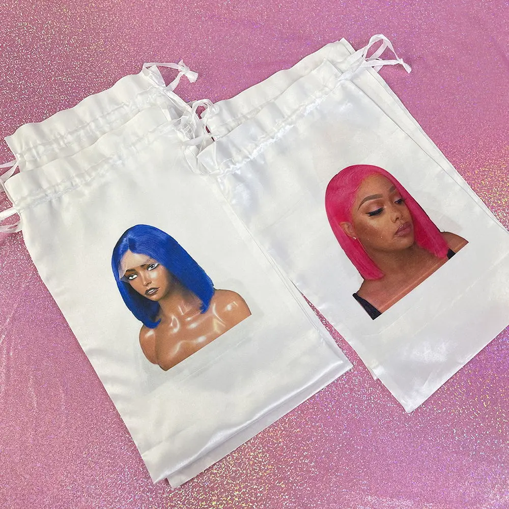 Custom branded human hair extension storage pouch wig, packaging satin bags black drawstring, bundle hair bags for bundles