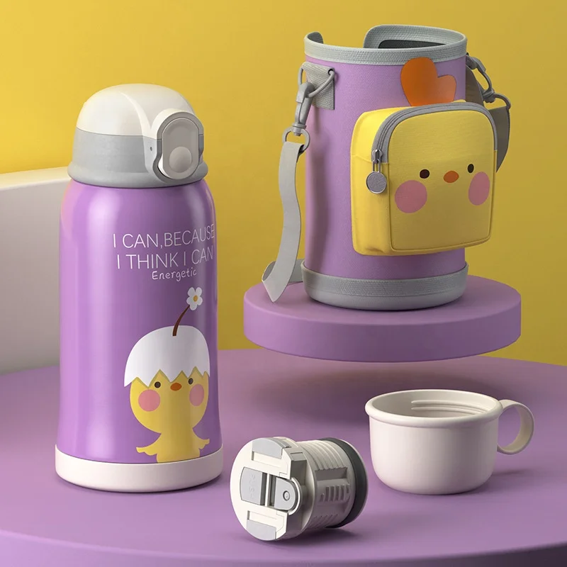 Kid Water Bottle 500ml  Vacuum Cup  With Straw Wholesaler For Outdoors Student Water Cup Lovely Cartoon With Cup Set