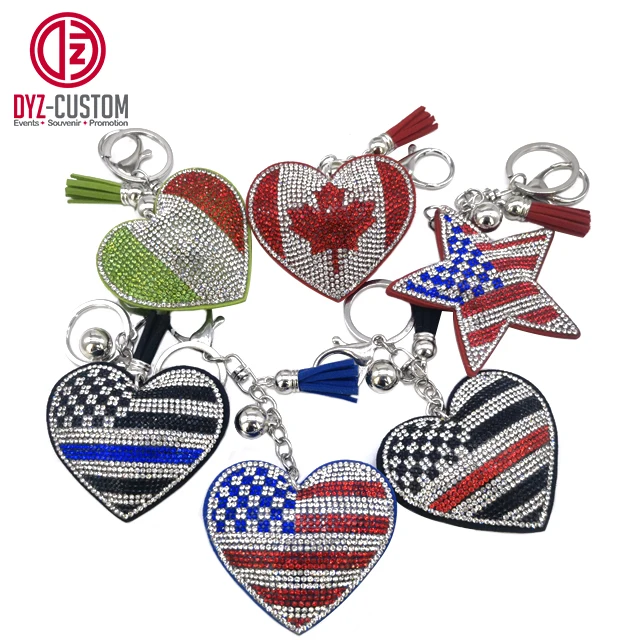 Canada and Mexico Flag Heart-Shaped Keychain Rhinestone Encased Love Heart with Metal Tassel Leather Plastic Crystal Combo