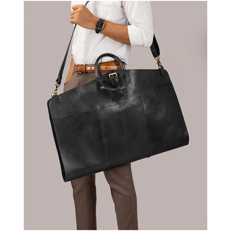 Personalized Black Leather Suit Carrier Foldable Garment Bag for Business Travel Large Garment Bags with Strap for Business