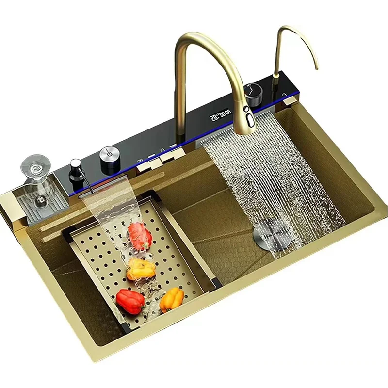 Gold SUS smart kitchen sink stainless steel hand made nano kitchen sink waterfall kitchen sink with digital display