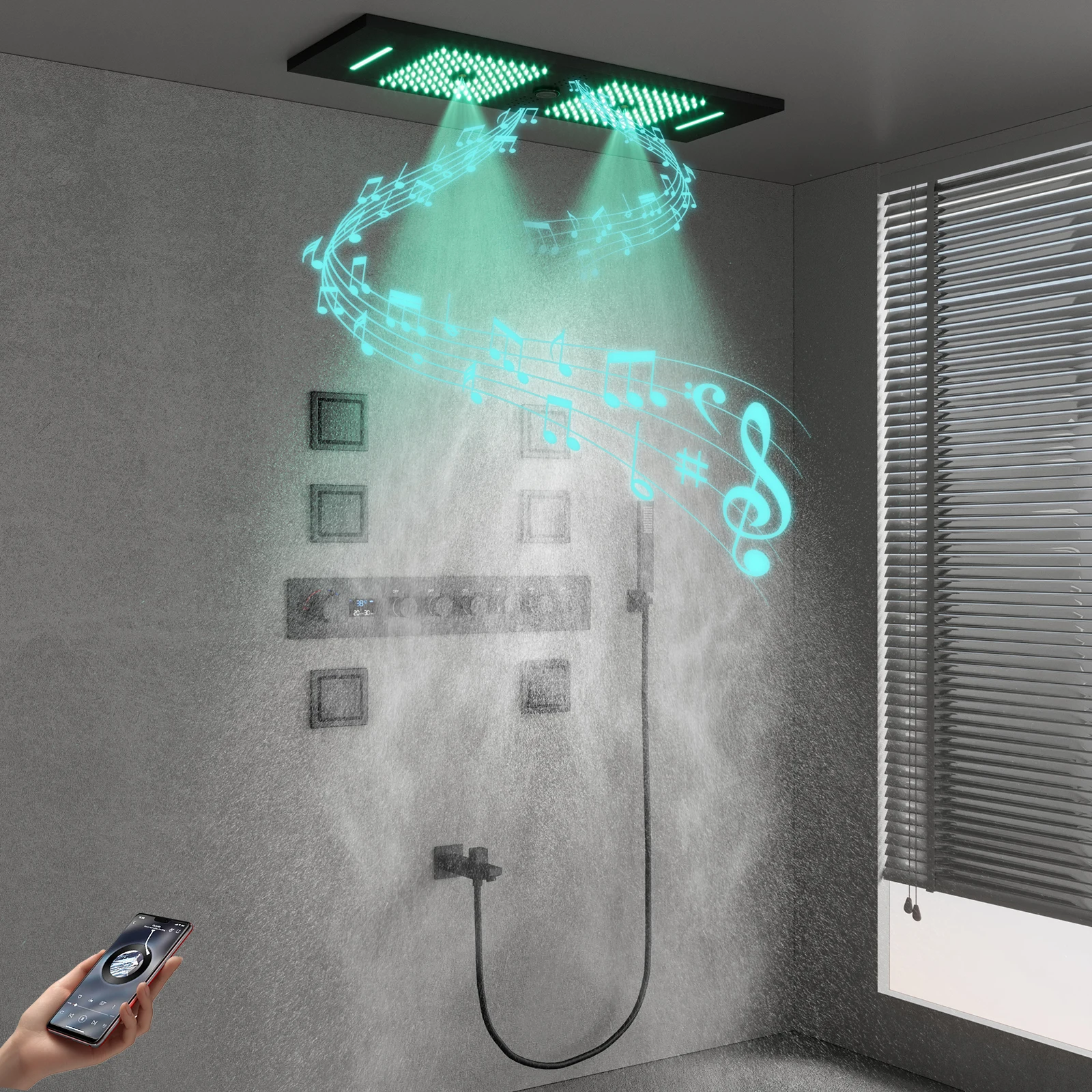 Matte Black 900*300mm Shower System Ceiling Music LED Shower Head Bathroom Cold and Hot Digital Display Shower Faucets