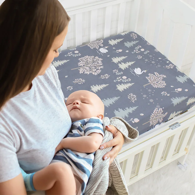 China cheap high quality cute comfortable wholesale custom print organic jersey cotton fitted cot crib sheet for baby