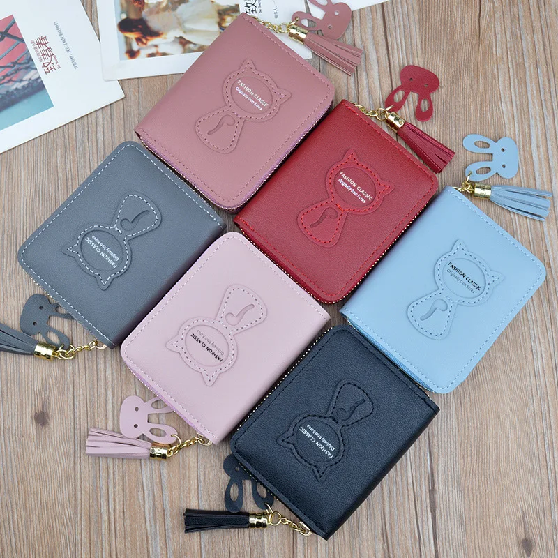 
Wholesale long wallet for women cute cartoon girls slim wallet hot selles PU leather coin purse girls small tassel card holder 