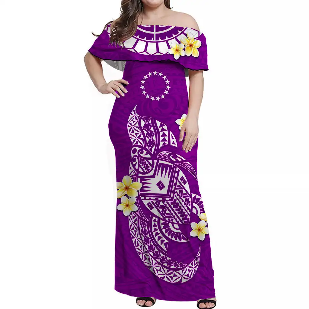 Cook Islands Tatau Off Shoulder Long Dress Print on Demand Polynesian Women Clothing Wholesale New Fashion Evening Dresses Gift
