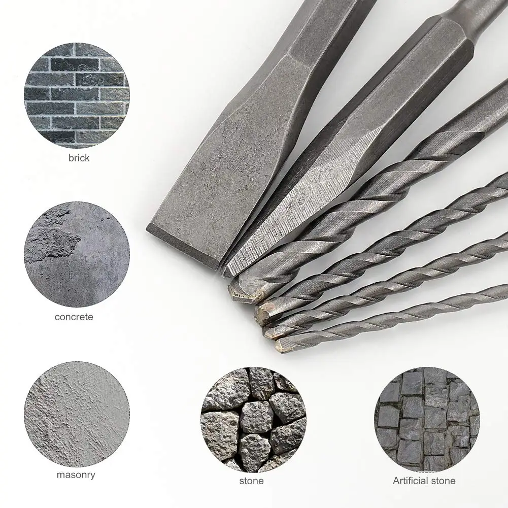 6 Pcs SDS Plus Rotary Hammer Drill Bit Sets with Point Chisel, Flat Chisel Tipped Masonry Bit Set for Brick Cement Stone