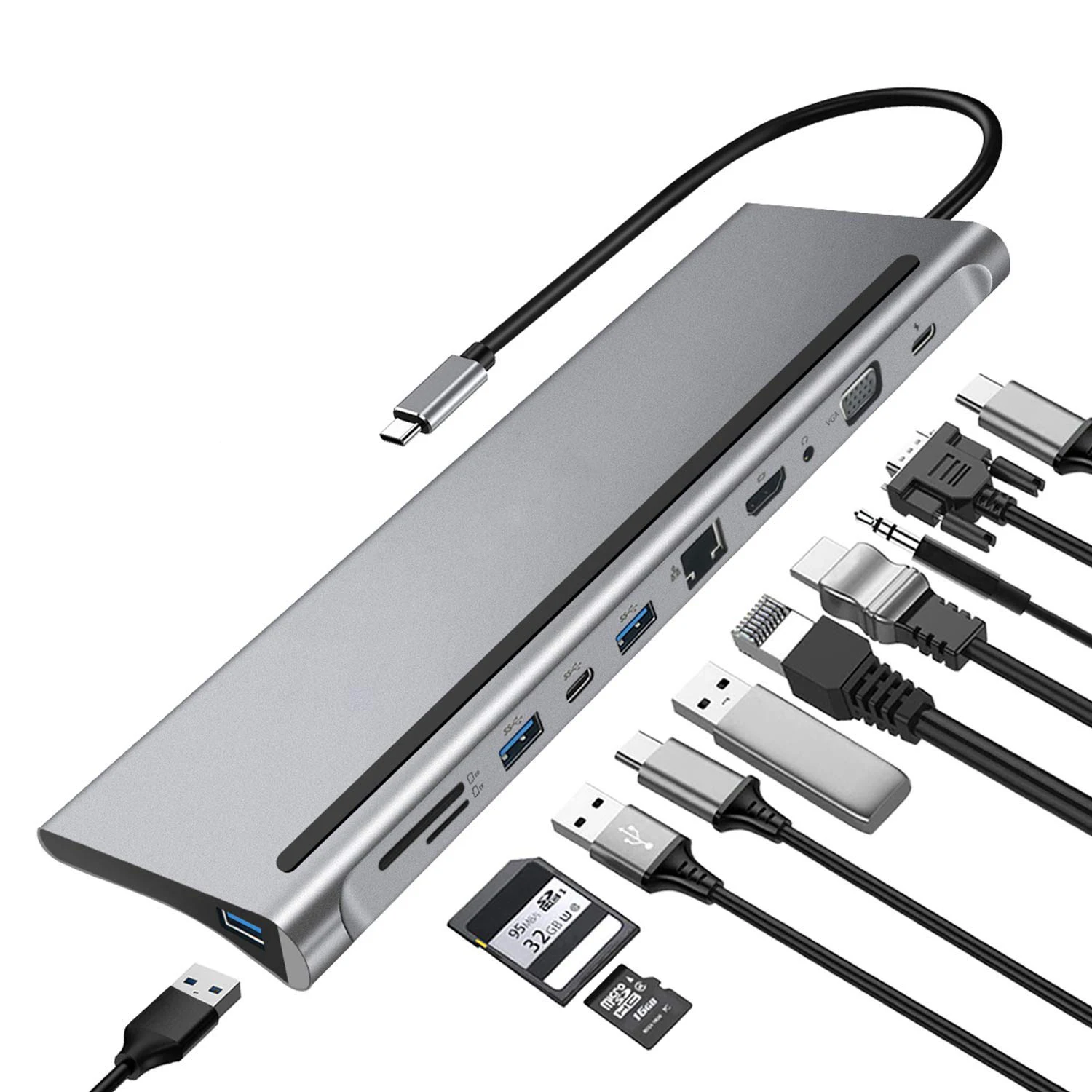 
 YIGLEE 11 в 1 быстрая зарядка Тип C USB-концентратор для двойной 4k док-станции RJ45 Pd USB 2,0 VGA Аудио адаптер 3,5 мм  