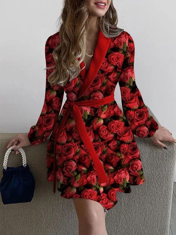 New Fashion Women Long Sleeve Shirt Dress Autumn Printed Long Dresses Ladies Turn-down Collar Loose Sundress Party Dresses