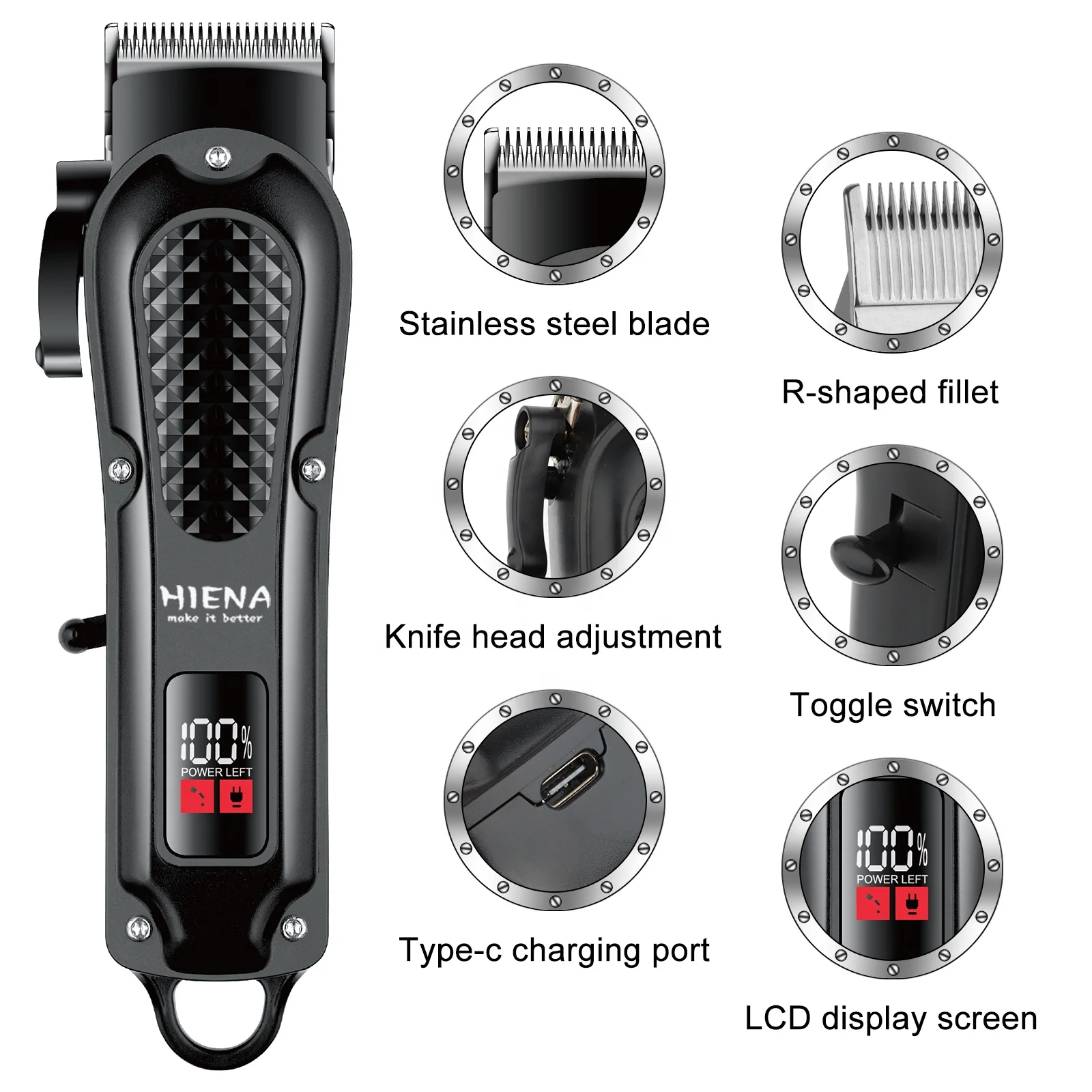 HIENA HYN-212 Black New Design Good Quality Professional Hair Clippers Waterproof  Electric Body Rechargeable For Man