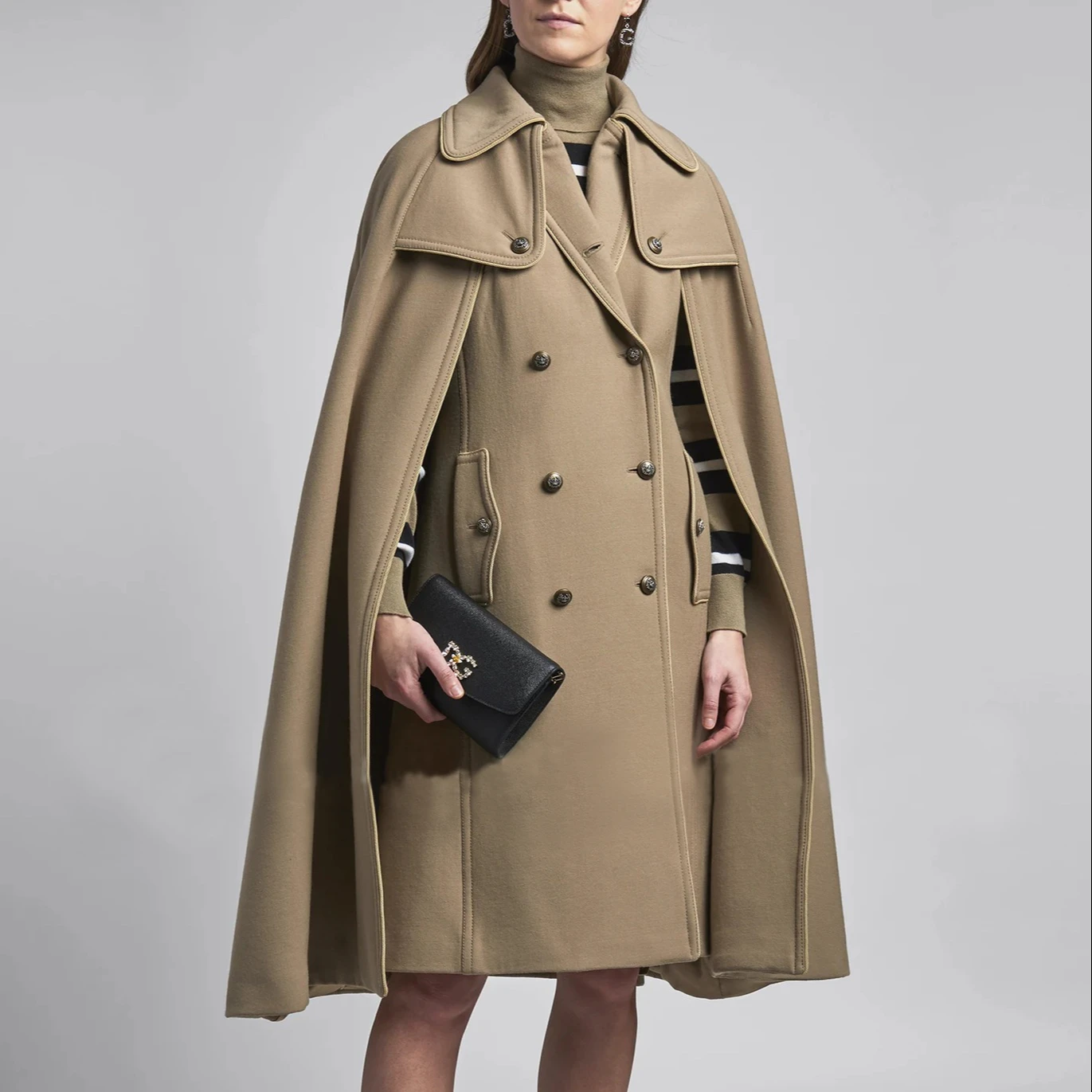 Wholesale Autumn Winter Khaki Double Breasted Coat Women Vantage Woolen Cape Knee Length Coats