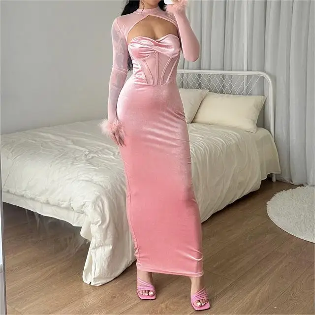 2024 spring solid turtle neck long sleeve fur trim openwork bodycon dress for women elegant