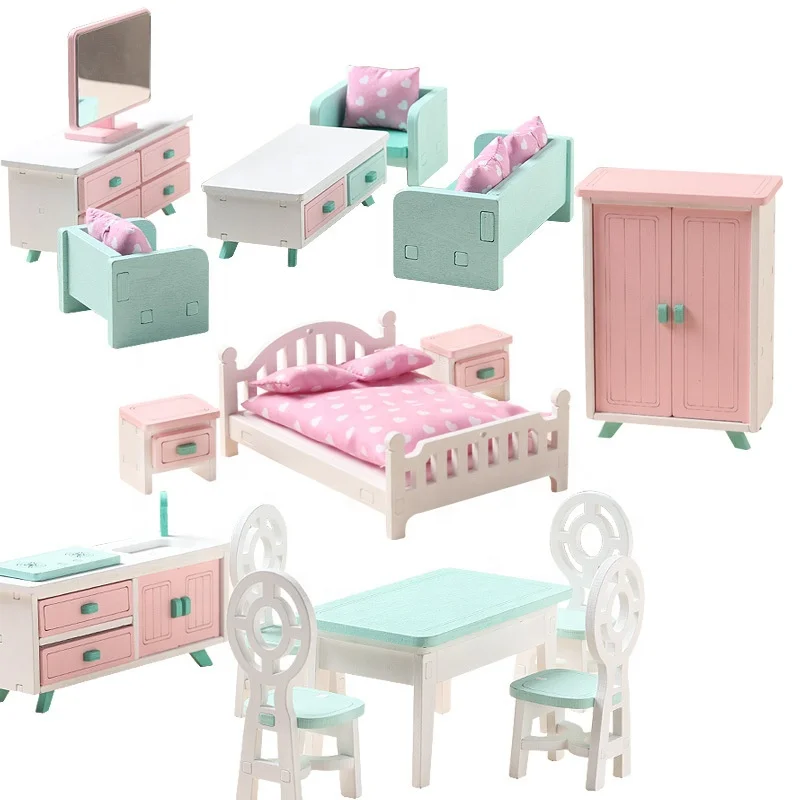 Набор детских игрушек для девочек, деревянный кукольный домик для ролевых игр, миниатюрная мебель для гостиной, кухни, спальни (1600398122238)