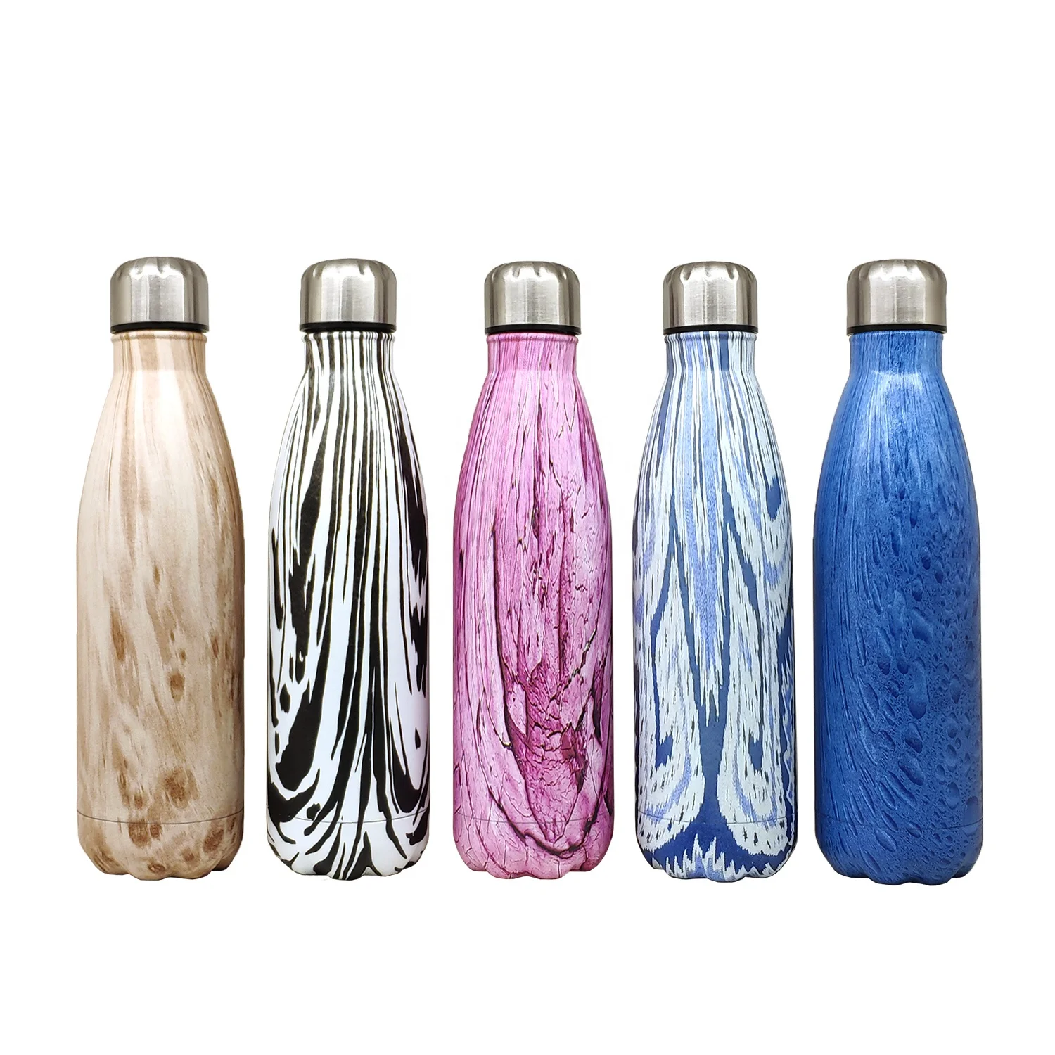 
Reusable Wooden Grain Pattern Sports Stainless Steel Insulated 500ml Cola Shaped Thermos Water Bottles with Custom Logo 