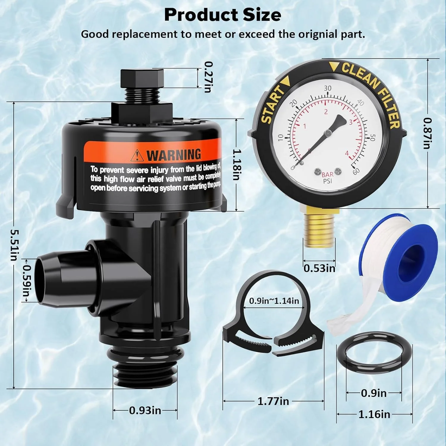 High Flow Manual Relief Valve Air Relief Manual Valve Assembly with Pressure Gauge, 98209800 Replacement for Pool and Spa Filter