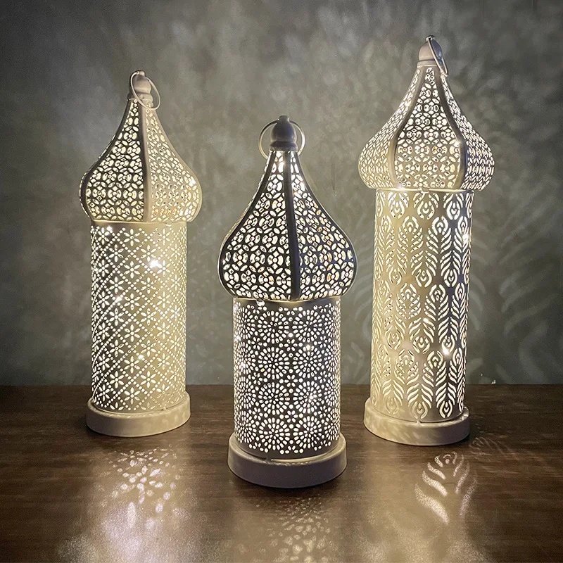 New Moroccan Retro Hollow Led Wind Lamp White Iron Lantern Hotel Home Bedroom Living Room Atmosphere Ramadan Decorative Lamp