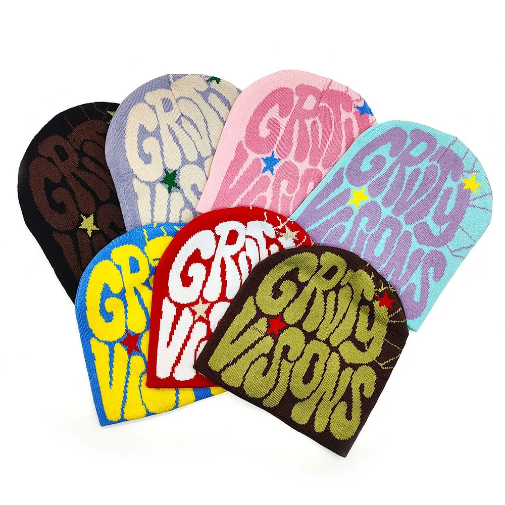 Custom Graphic Design Printed Jacquard Woven Knitted Streetwear Skull Caps Skully Hat Y2K Reversible Beanie