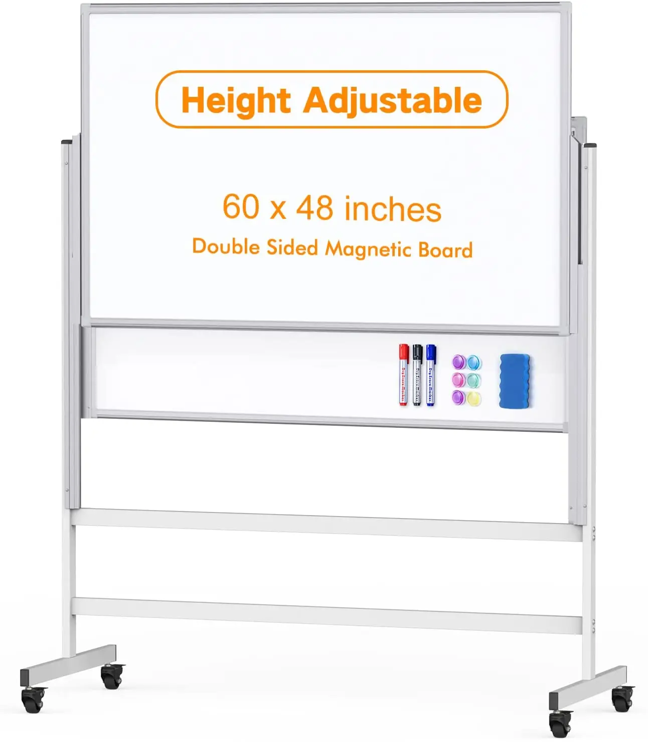 Height Adjustable Large Rolling Whiteboard, 60 x 48 inches Double Sided Magnetic Mobile White Board, Standing Dry Erase Board