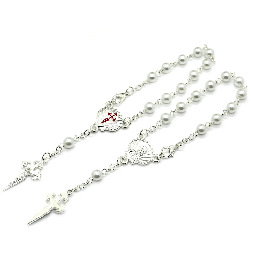 Glass Pearl Beads Shell Cross Rose Rosary Bracelet Religious Catholicism Gift Prayer Car Rosaries