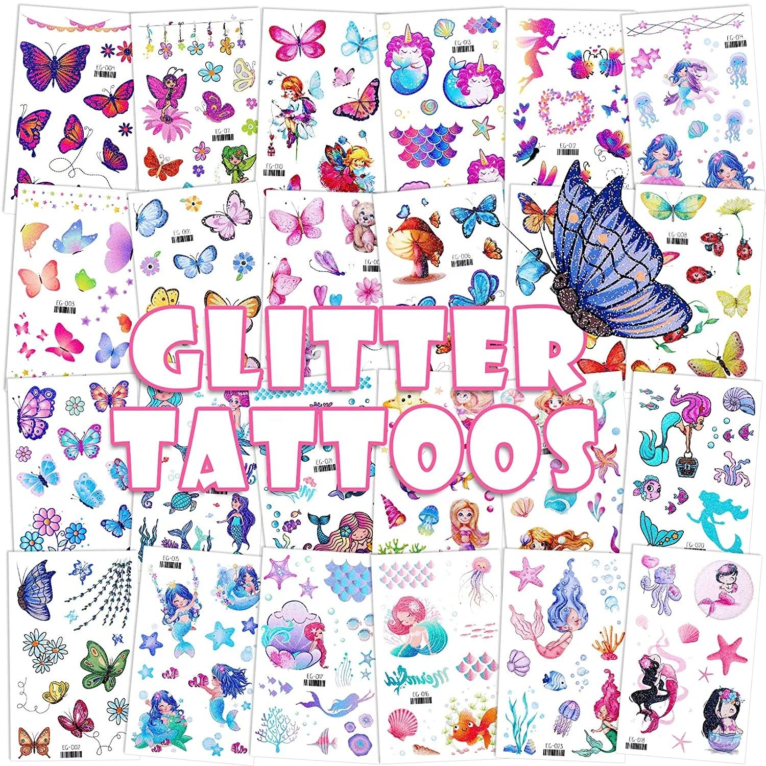 Glitter Temporary Tattoo Butterfly Mermaid Fairy Flowers Waterproof  Tattoo Stickers for Kids