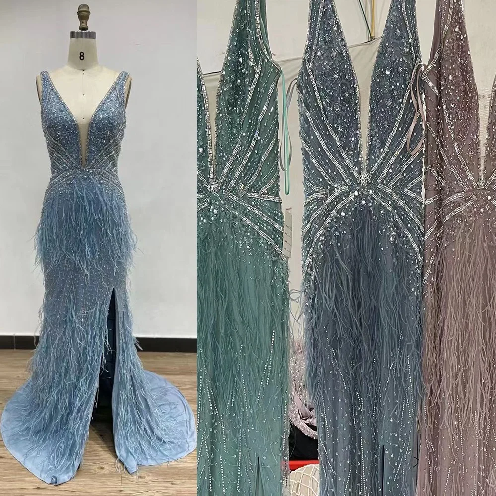 2022 New Handmade Beading Mermaid Evening Dresses With Feathers Sexy Split  Long  Evening Gowns For Women Party