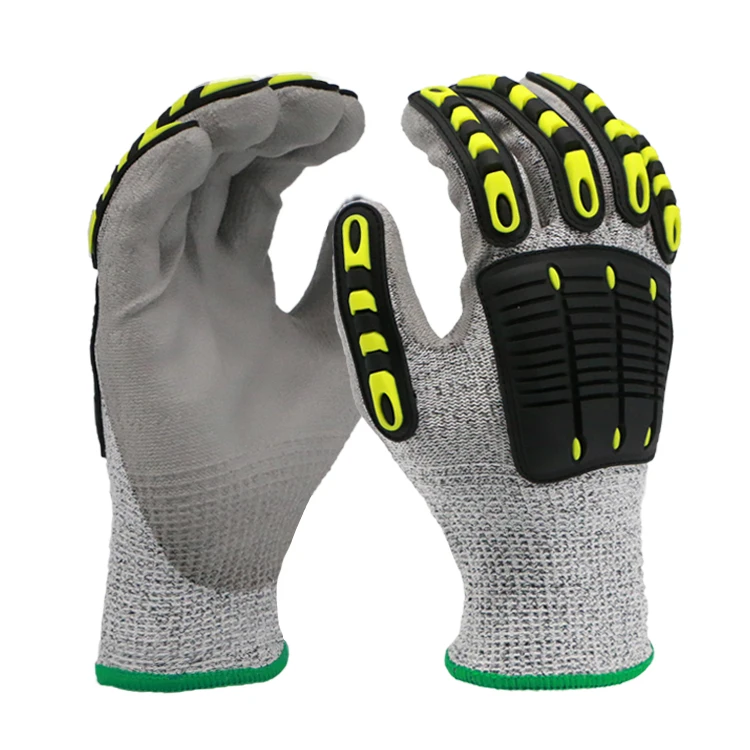 MaxiPact CE Certified Level C Protection Anti-Cut Gloves 13G HPPE Grey PU Palm Coated back of the hand TPR Cut Resistant Level 3