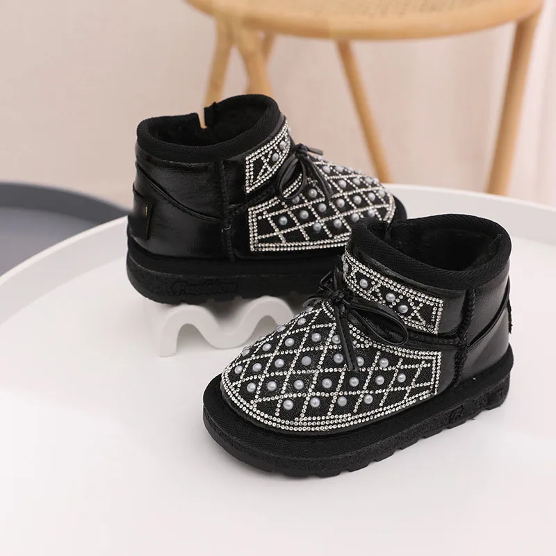 Children Winter Warm Snow Ankle Boots Cute Bow Bling Bling Sequin Pearl Boots