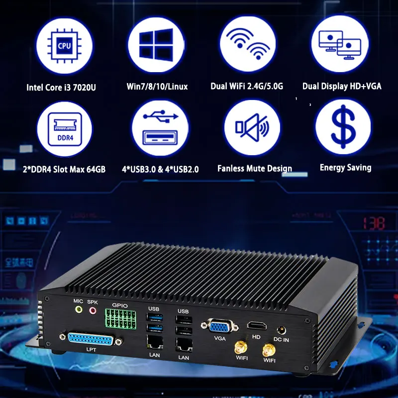 Wholesale Embedded Desktop Computer Intel Core i3 7020U Support 64GB RAM GPIO 6COM Fanless Industrial Mini PC