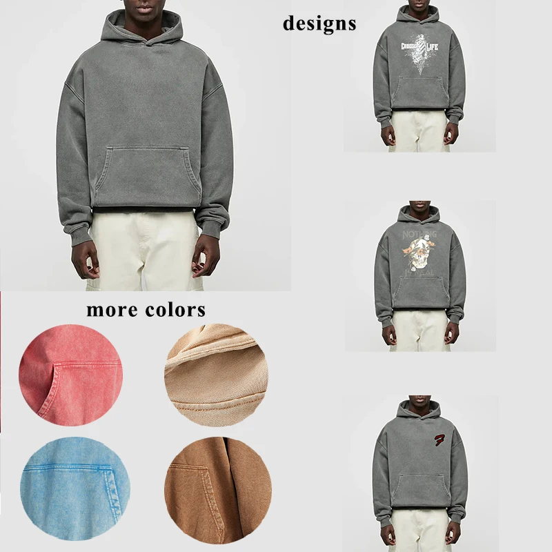 Custom Vintage 500 GSM Sun Faded Fleece French Terry Blank Drop Shoulder Heavyweight Oversized Sand Acid Stone Wash Hoodie