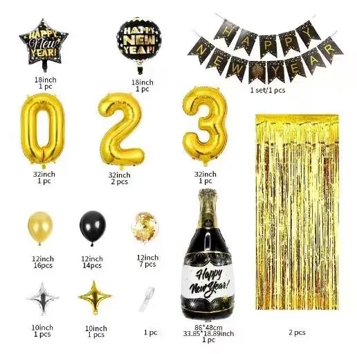 2023 Happy New Year Party Balloons sets Balloon Banner-Black and Gold Star Champagne Mylar Foil Party Supplies