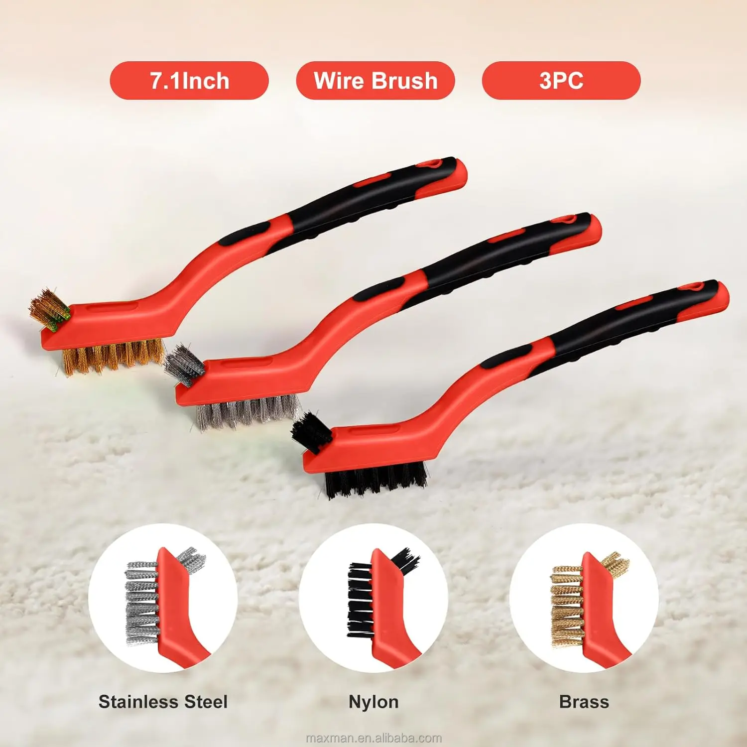 Nylon Brass Stainless Steel Bristles with Curved Handle Grip for Rust Dirt Paint Scrubbing Metal Brush Wire Brush Set