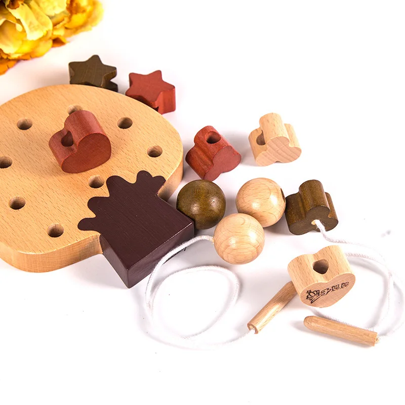 Custom Montessori early learning aids kid wooden threading board toy Montessori threaded rope intellectual building block toy