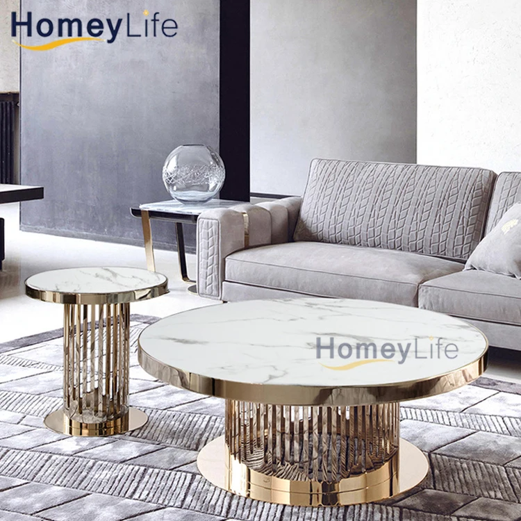 Modern Living Room White Round Marble Coffee Table Set Gold Metal Luxury Center Table For The Living Room